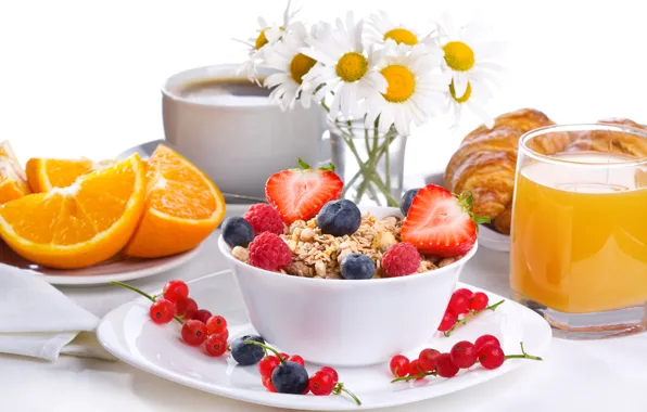 Picture flowers, coffee, food, Breakfast, fruit