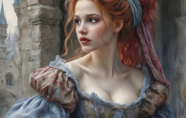 Chest, look, girl, castle, portrait, dress, hairstyle, neckline