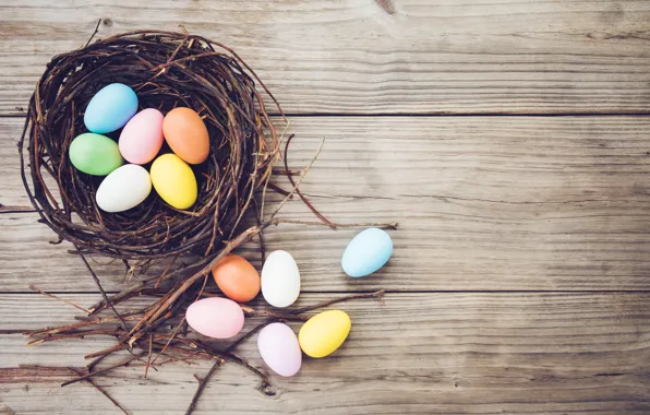 Branches, basket, eggs, spring, colorful, Easter, vintage, wood