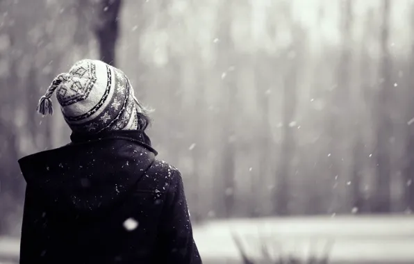 Snow, background, Wallpaper, mood, hat, hair, girl. winter