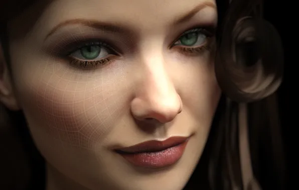 Picture look, girl, face, rendering, mesh, green eyes