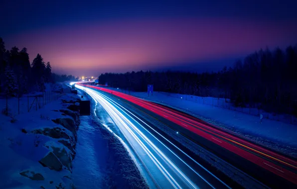 Winter, road, light, snow, night, lights