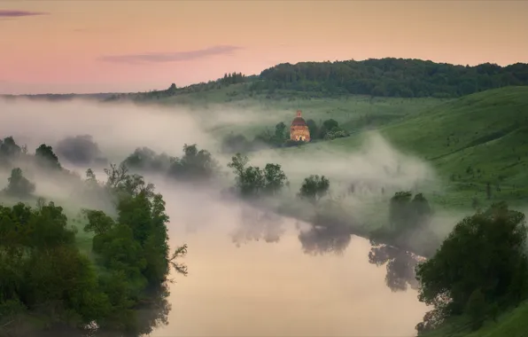 Picture landscape, nature, fog, river, hills, morning, forest, Alexey Bagaryakov