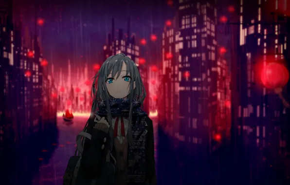 Girl, the city, lights, rain, home, anime, scarf, art