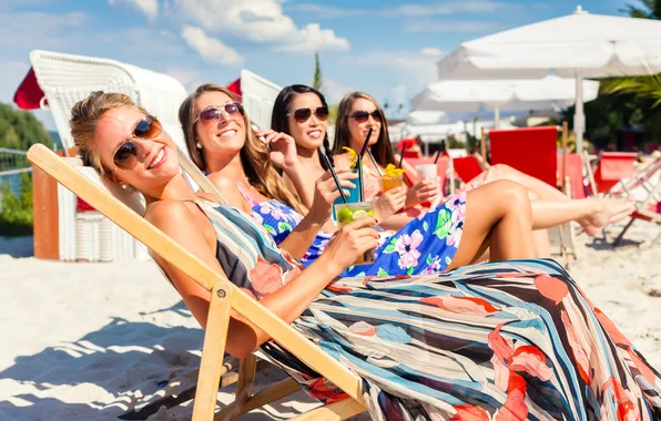 Picture beach, girls, smile, sun loungers, sunglasses
