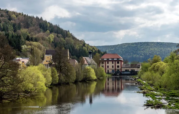 Forest, trees, mountains, river, home, Germany, Bayern, Deggendorf