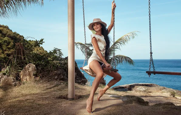 Water, girl, smile, swing, hat, Natasha, Sergey Freyer