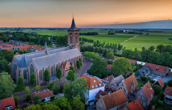Picture landscape, sunset, the city, field, home, roof, Church, Holland