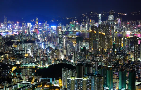Light, night, the city, building, home, Hong Kong, skyscrapers, the evening
