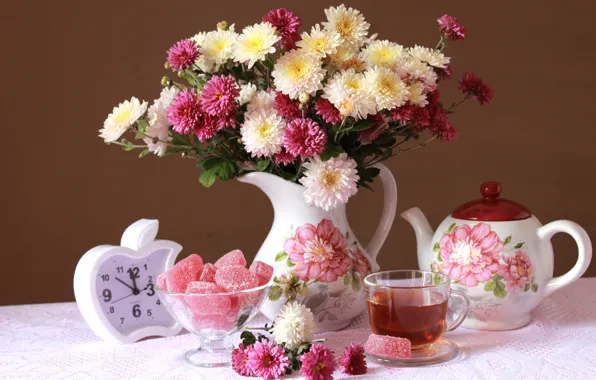 Tea, watch, bouquet, chrysanthemum, marmalade