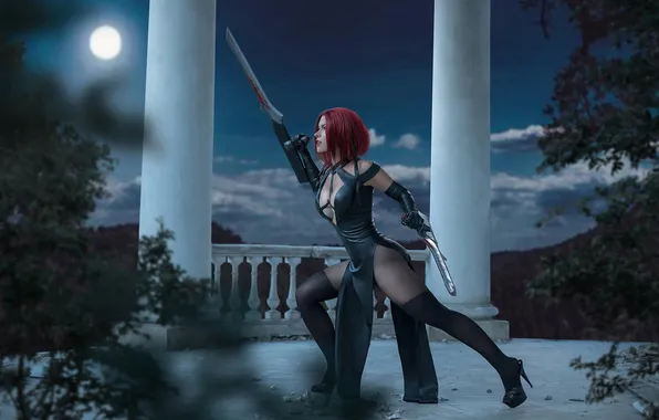 Night, the moon, costume, swords, the heroine, Reyn, BloodRayne 2, Irina Meyer
