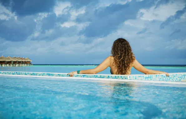 Girl, background, the ocean, widescreen, Wallpaper, island, pool, wallpaper