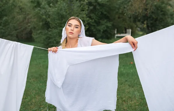 Girl, nature, blonde, linen, solitaire, Mikhail Pershin