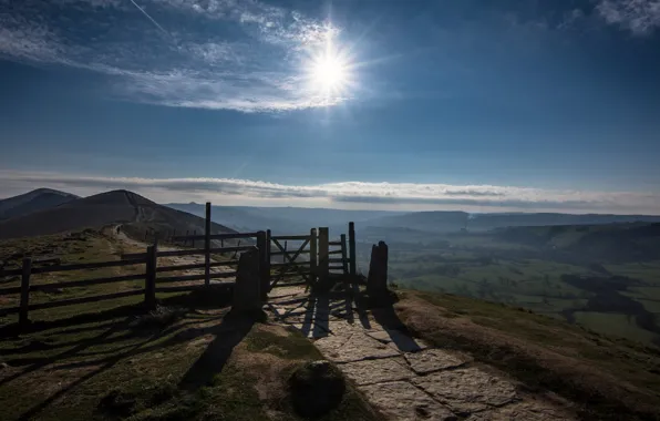 Picture the sun, the fence, England, wicket, Peak District