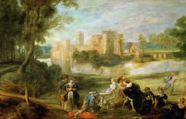 People, picture, the bridge, Peter Paul Rubens, Pieter Paul Rubens, Landscape with Castle Walls and …