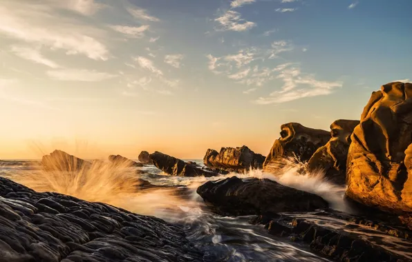Sea, wave, the sky, the sun, clouds, light, landscape, stones