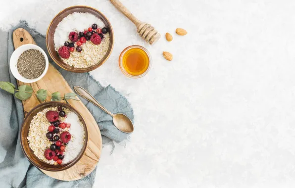 Berries, Breakfast, honey, fruit, cereal
