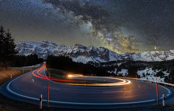 Lights, road, trees, nature, night, mountains, snow, landscapes