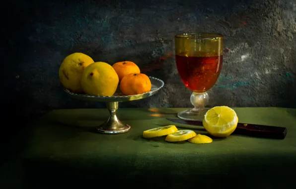 Knife, still life, lemons, tablecloth, A Flemish fantasy