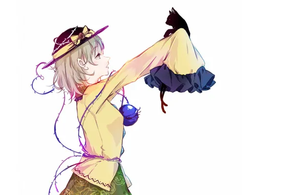 Hat, white background, profile, bow, touhou, art, two tails, black cat