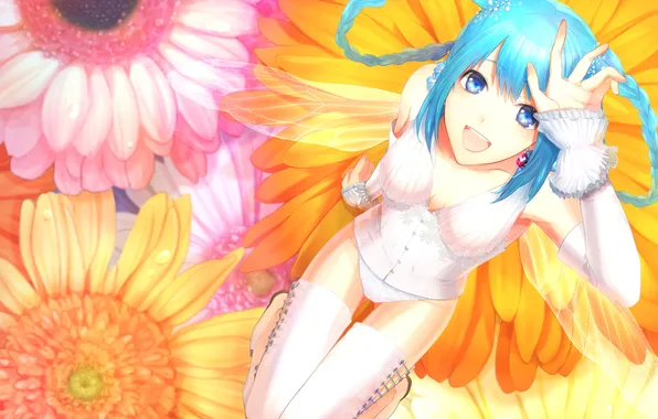 Girl, decoration, flowers, smile, wings, braids