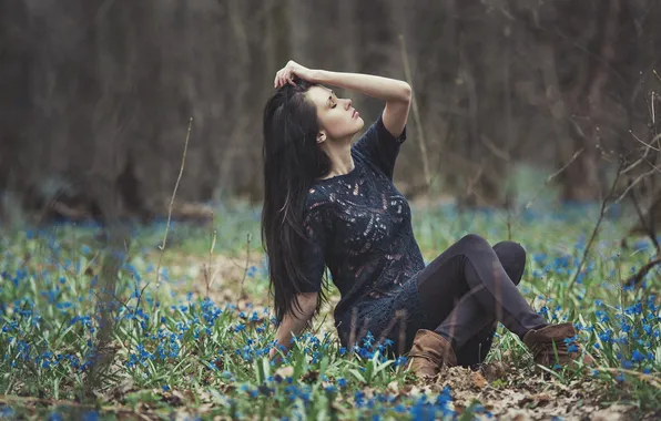 Greens, forest, girl, flowers, photographer, sitting, Julia Sariy