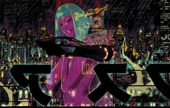 Girl, Auto, Night, The city, Neon, Rain, City, Movie