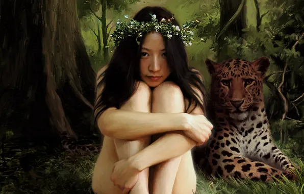Forest, girl, leopard, wreath