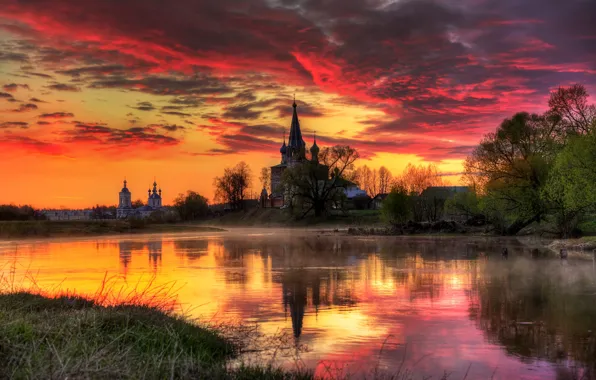 Picture the sky, nature, reflection, river, dawn, spring, Church, Russia