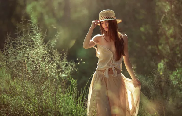 Look, girl, nature, pose, hair, hat, bokeh, Evgeny Loza