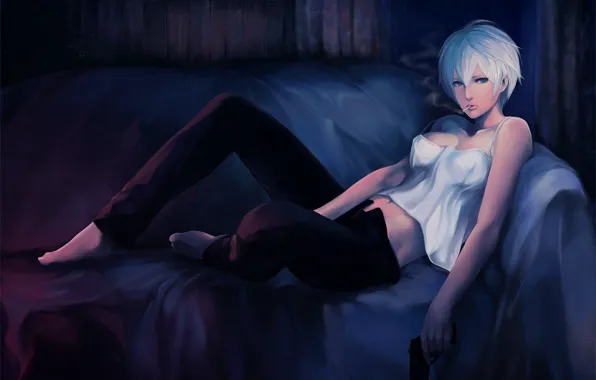 Girl, gun, weapons, sofa, cigarette, smokes, fate stay night, fate zero