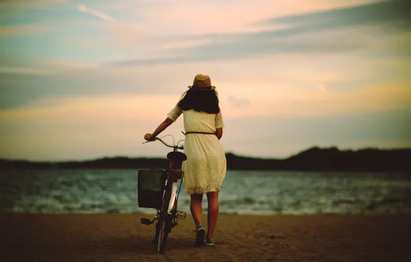 Sea, beach, girl, bike, back, hat, girl, beach