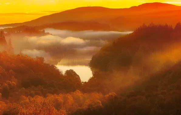 Autumn, forest, mountains, lake, panorama