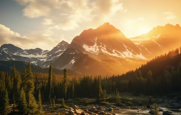 Forest, the sky, the sun, clouds, rays, snow, mountains, stones