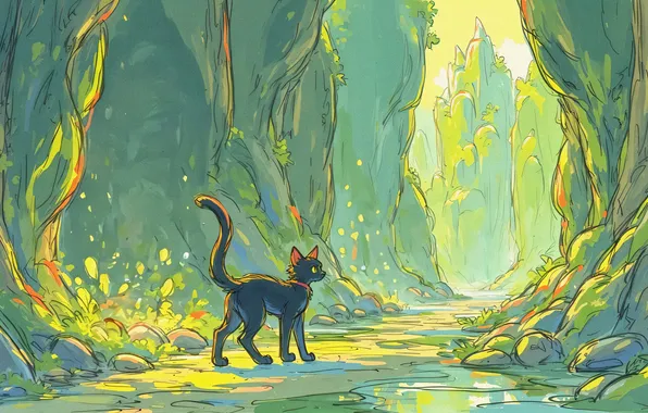 Greens, cat, cat, nature, pose, stones, rocks, black