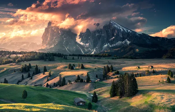 Picture house, sky, trees, field, landscape, nature, mountains, clouds