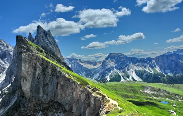 The sun, clouds, mountains, rocks, Alps, Italy, panorama, Gardena