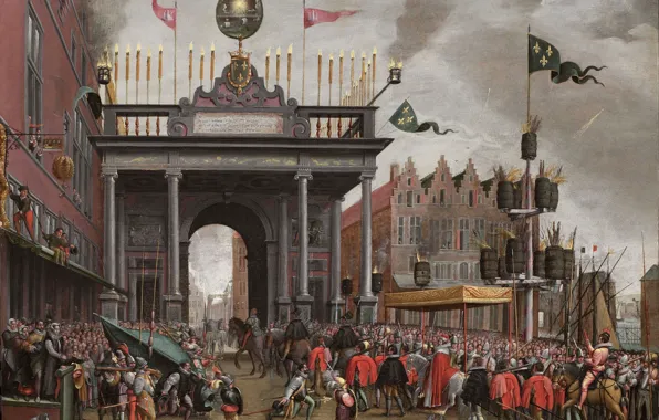 Picture oil, picture, 1600, Monogrammist, The monogrammist, Ceremonial entrance, Francois, the Duke of Anjou to Antwerp