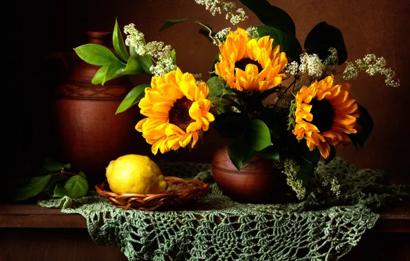 Picture sunflowers, lemon, bouquet, still life
