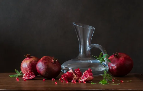Glass, table, pitcher, still life, grenades, decanter, pomegranate grains