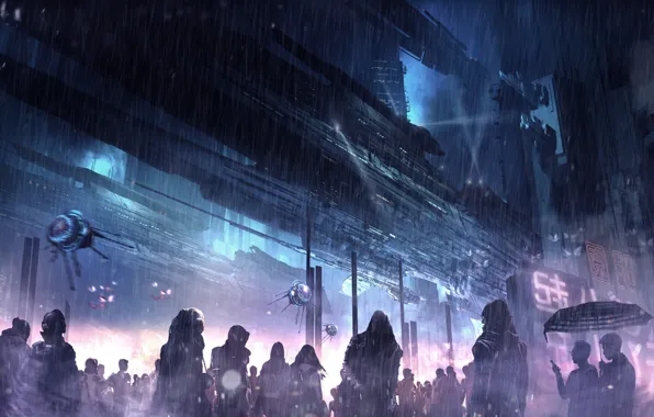 Night, The city, Future, People, Rain, Fantasy, Art, Art
