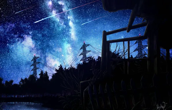 Picture the sky, night, lake, power lines, shooting stars