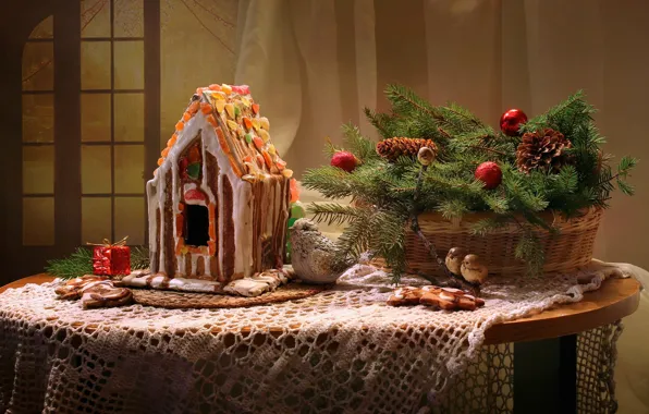 Decoration, holiday, new year, gingerbread house, fir-tree branches