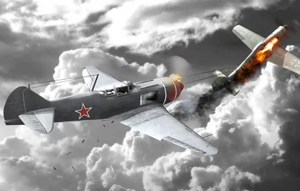 The sky, clouds, the plane, war, fighter, war thunder, La-7B