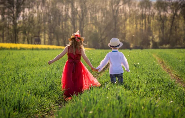 Greens, field, summer, grass, light, nature, children, mood