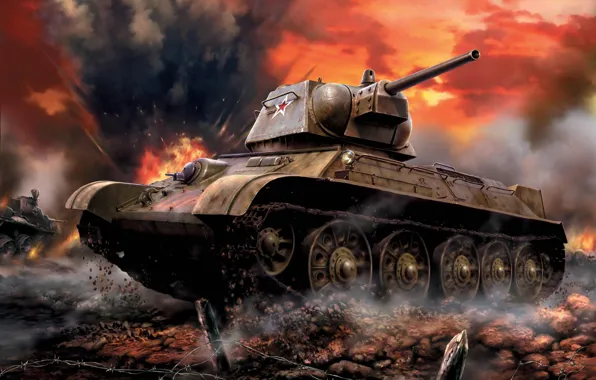 Picture art, tank, USSR, the battle, WWII, Soviet, average, T-34-76