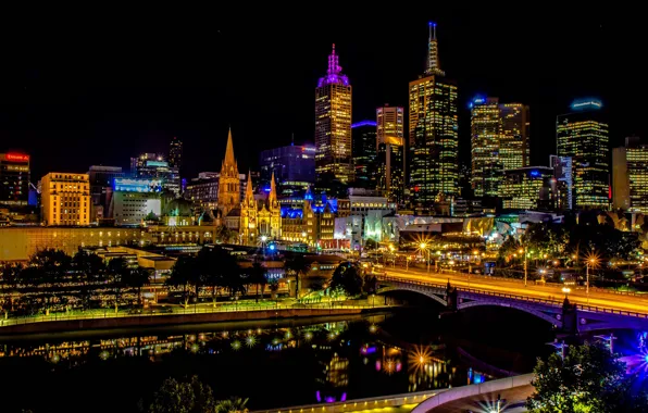 Trees, night, bridge, lights, river, home, skyscrapers, Australia