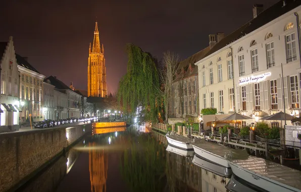 The sky, night, lights, boat, home, channel, Belgium, Bruges