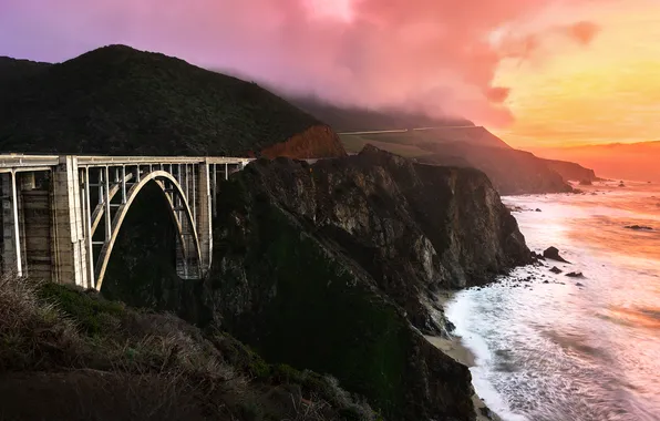 Sunset, bridge, coast, CA