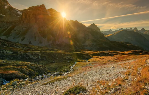 The sun, mountains, nature, river